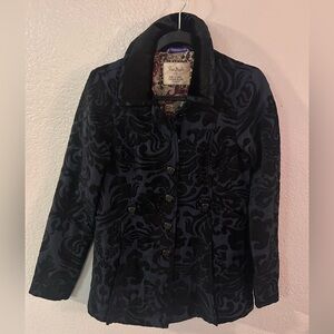 FREE PEOPLE Women's Jacquard Tapestry Boho Peacoat SIZE 4 Black / Navy Velvet
